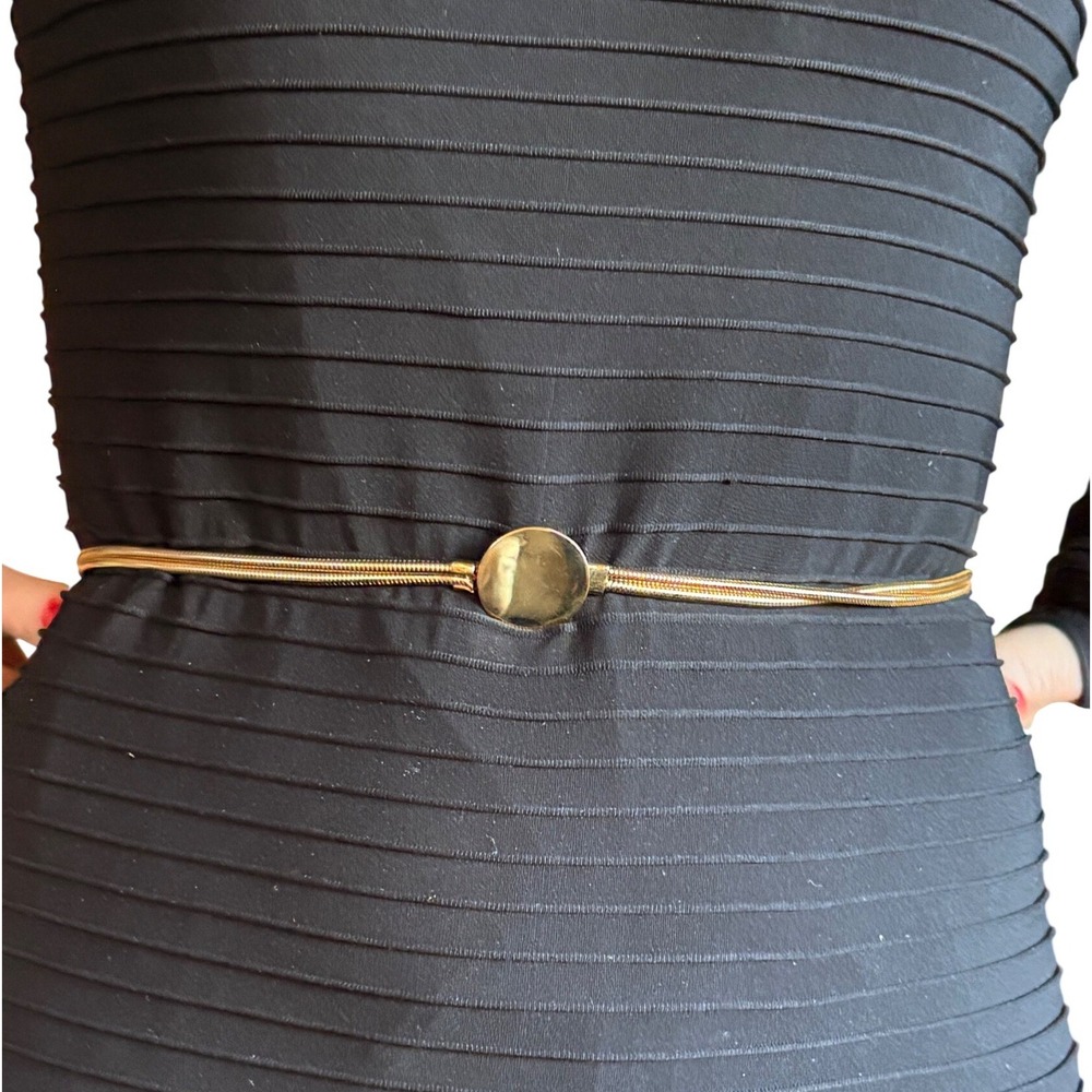 Vintage Gold Snake Chain Skinny Belt Round Disc Buckle Minimalist Metallic Cinch